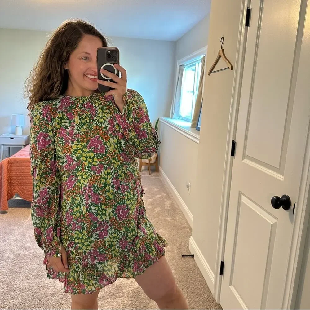Tuckernuck Banjanan Green Pink Botanical Floral Cotton Long Sleeve Mini Dress S